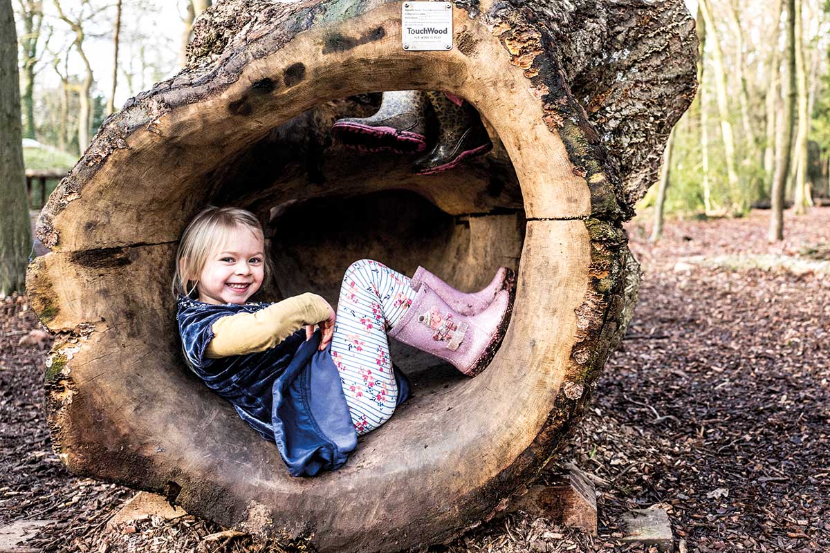 Colour photo of child sitting in wooden hollow log at Leigh Woods playground