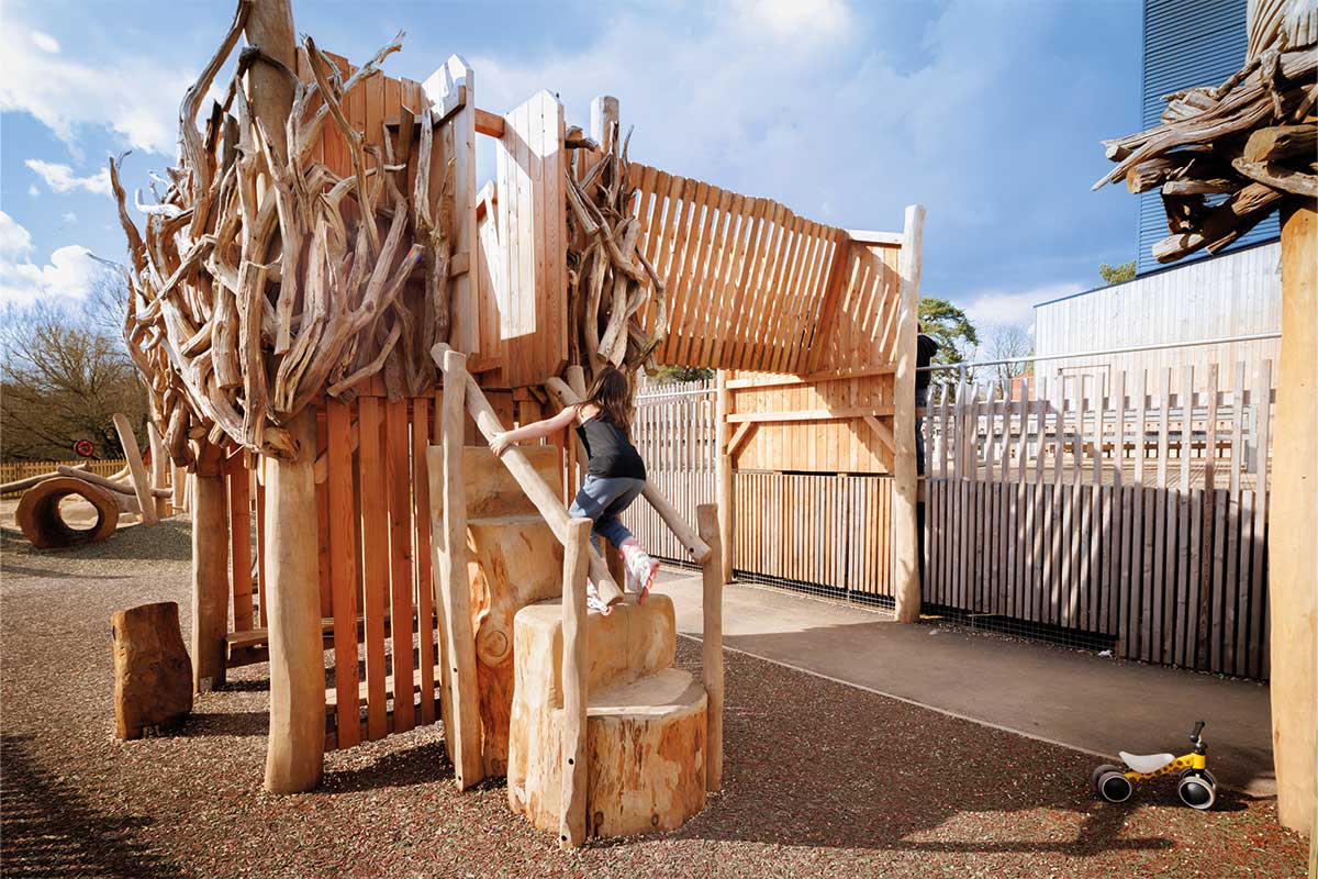 Colour photo of child climbing wooden playground tower