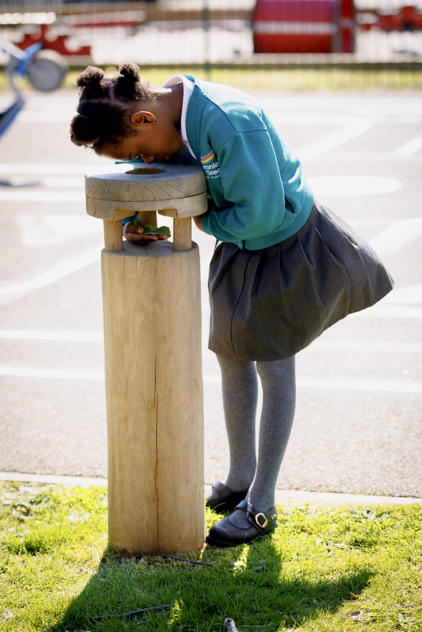 Colour photo of child looking into wooden magnifying post in Stanley Green school playground