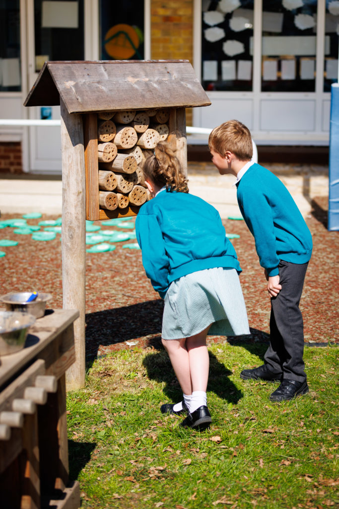 Two children looking at the bees in the bee hotel