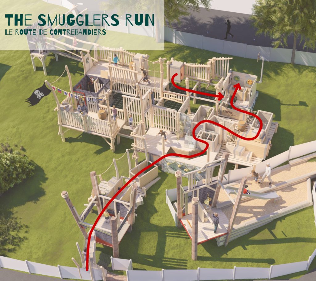 A large, intricate wooden playground structure titled ‘THE SMUGGLERS RUN’ with various platforms, ladders, and slides. A red line indicates a path through the structure.
