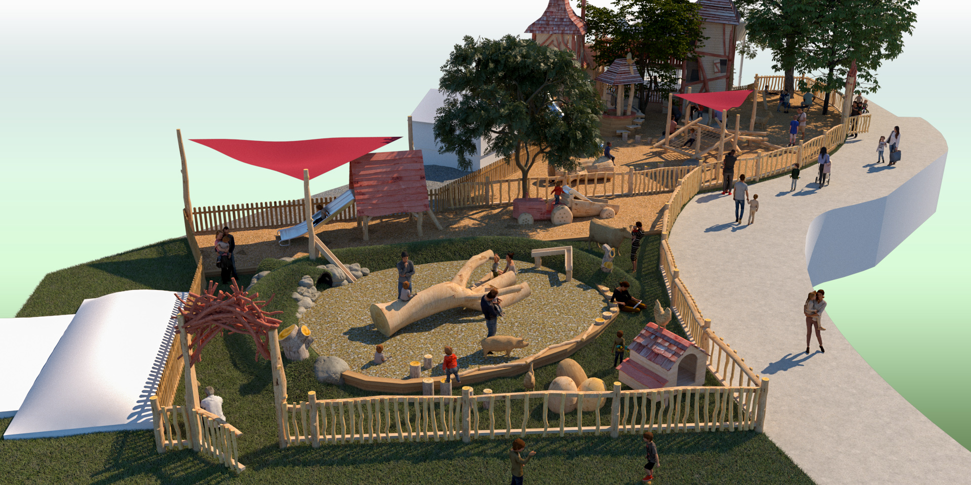 A 3D rendering of an outdoor playground surrounded by a wooden fence, featuring various play structures, climbing frames, slides, and a red shade sail. The playground is bustling with children and adults, and is covered with a material that appears to be sand or small pebbles for safety. Trees and greenery surround the playground, adding to its aesthetic appeal.