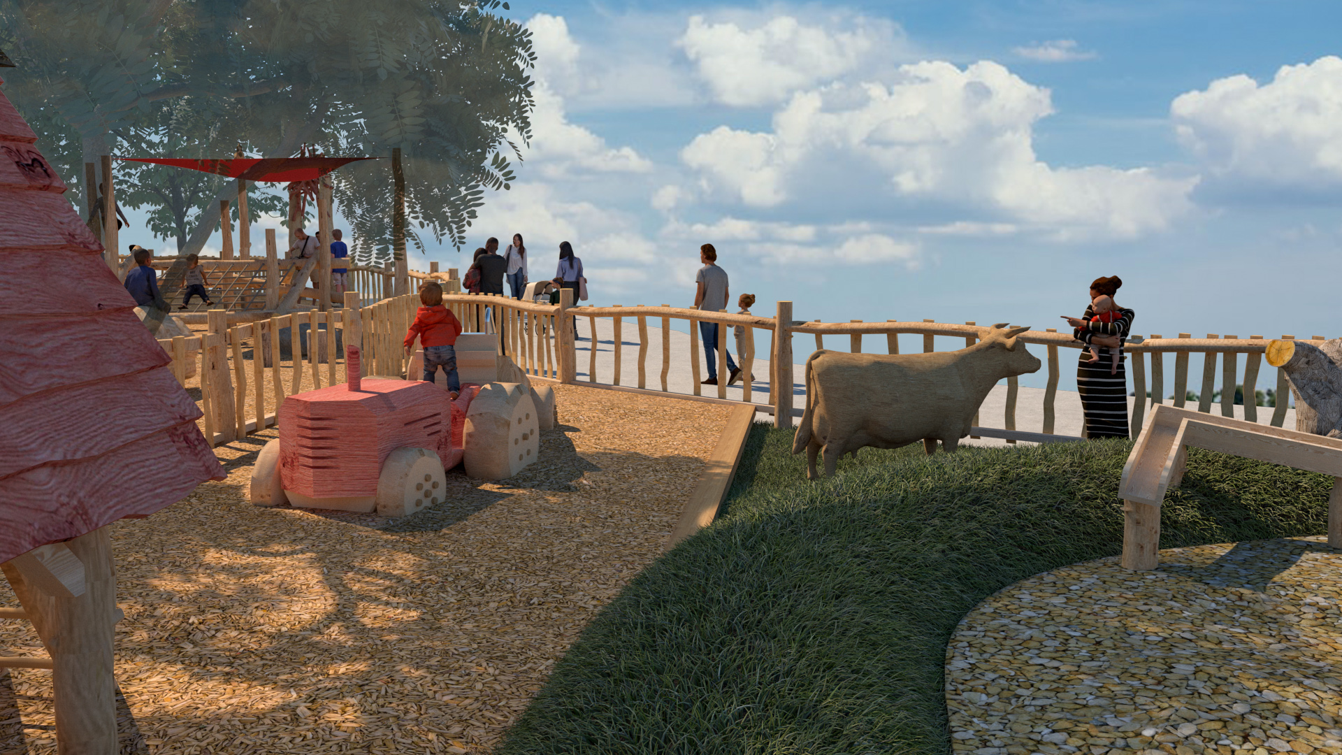 An outdoor playground with a natural theme, featuring a large, red climbing tractor, a life-sized statue of a cow, and various other play structures. The playground is bustling with children and adults, and the ground is covered with wood chips for safety and aesthetics. The playground is surrounded by a wooden fence and set against a backdrop of trees, enhancing the natural theme.