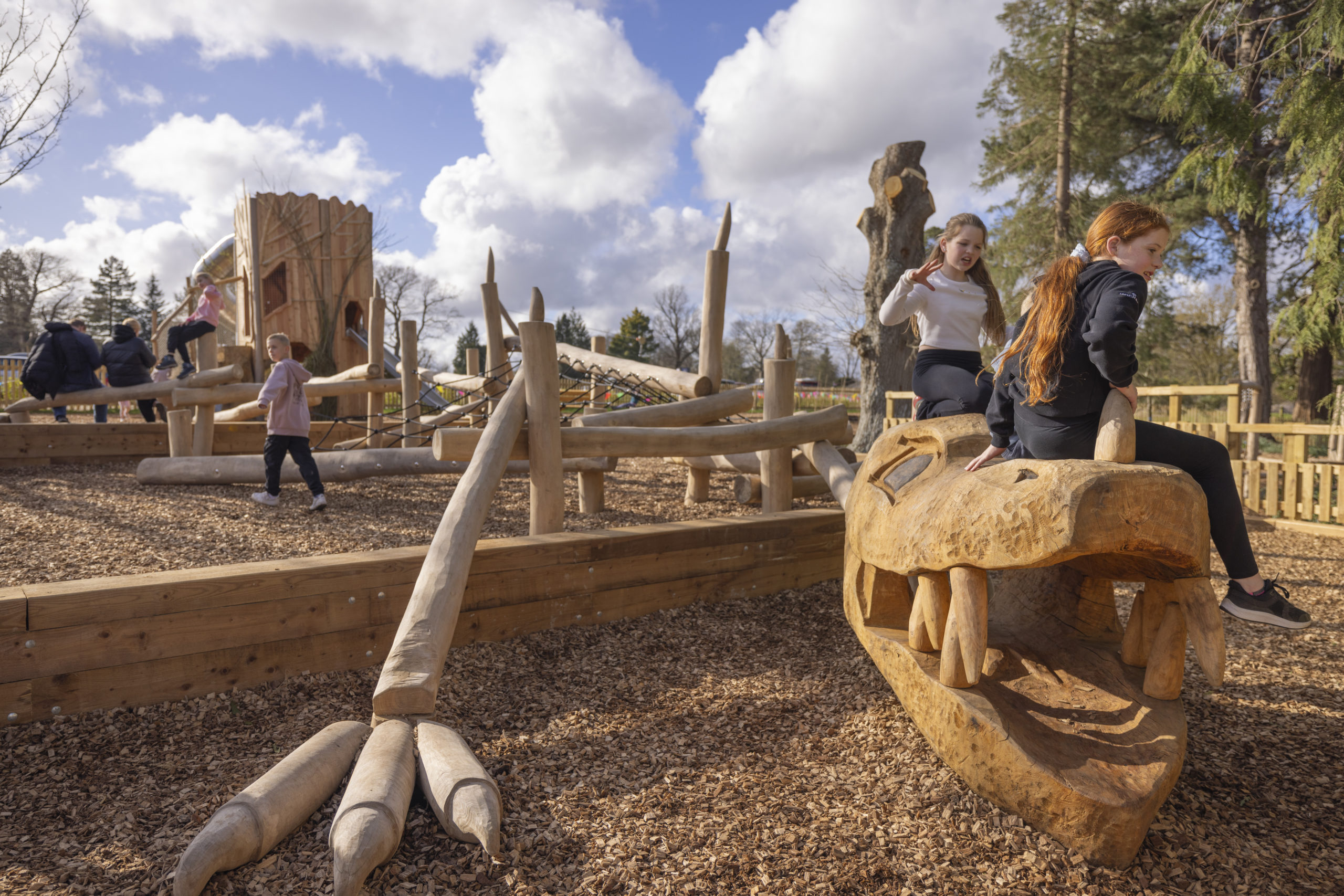 Children are playing in an outdoor playground featuring wooden structures. Two girls are climbing on a large wooden sculpture shaped like a dragon's head, with detailed carvings of teeth and eyes. Other children are exploring balance beams and climbing ropes in the background.
