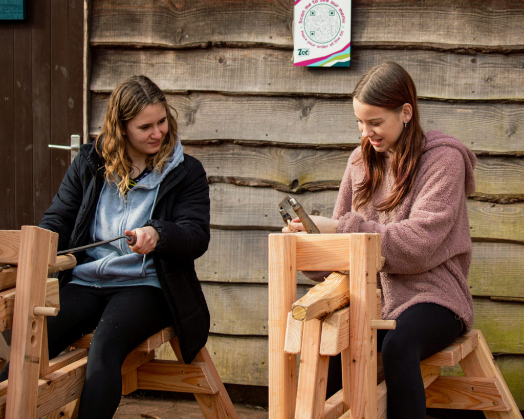 Two individuals engaged in a woodworking activity.